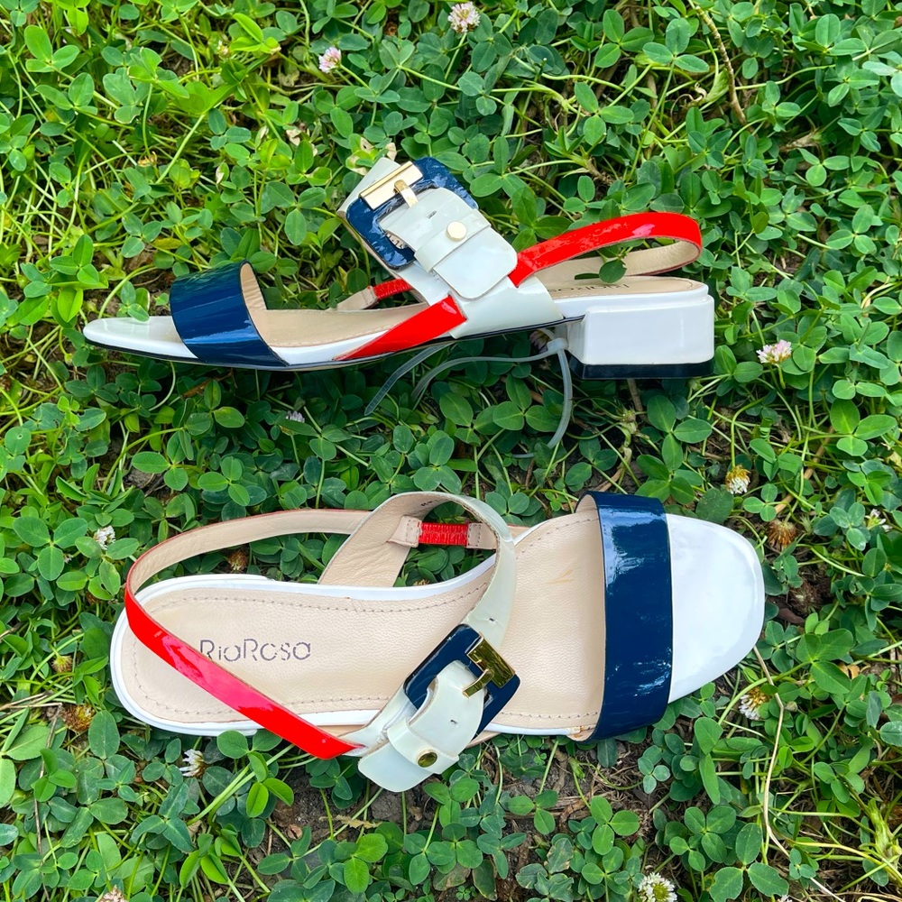 Red blue white strap flat sandals